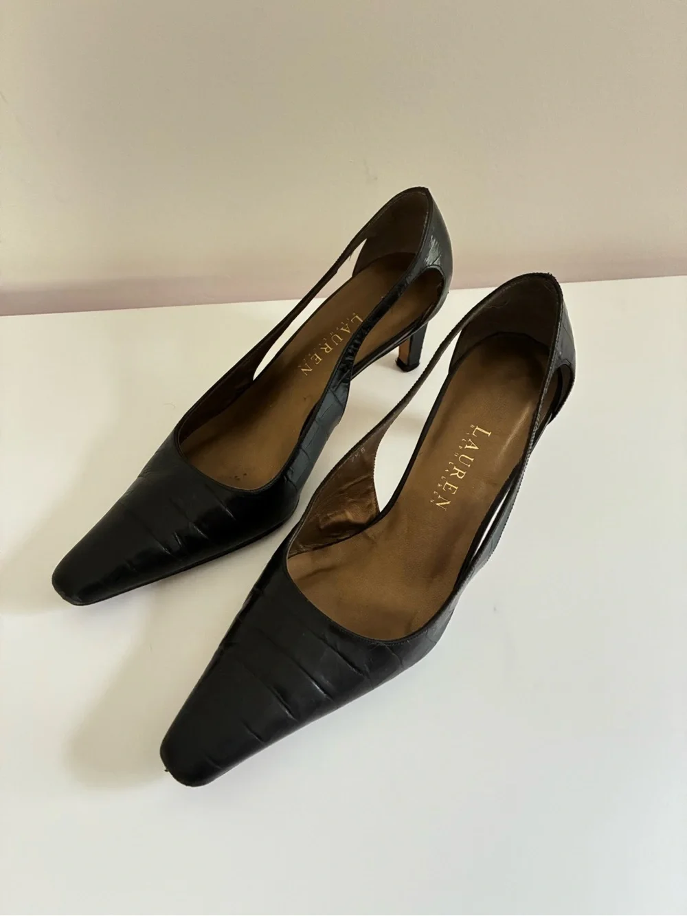 Vintage Ralph Lauren Y2K 90s Classic Black Leather Pointed-Toe Slingback Heels